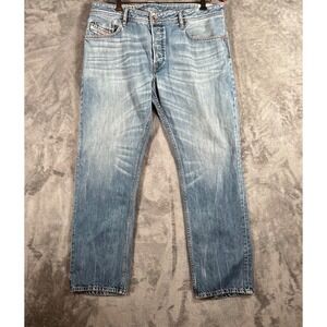 Diesel Waykee Jeans Mens 38x31 Med Wash Straight Distressed Honeycomb Whiskered